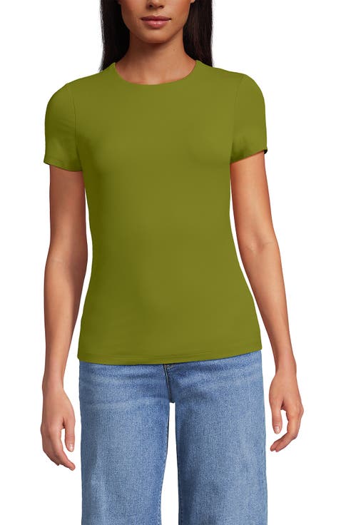 Womens Short Sleeve Tugless Double Layer Crew Neck Knit Top