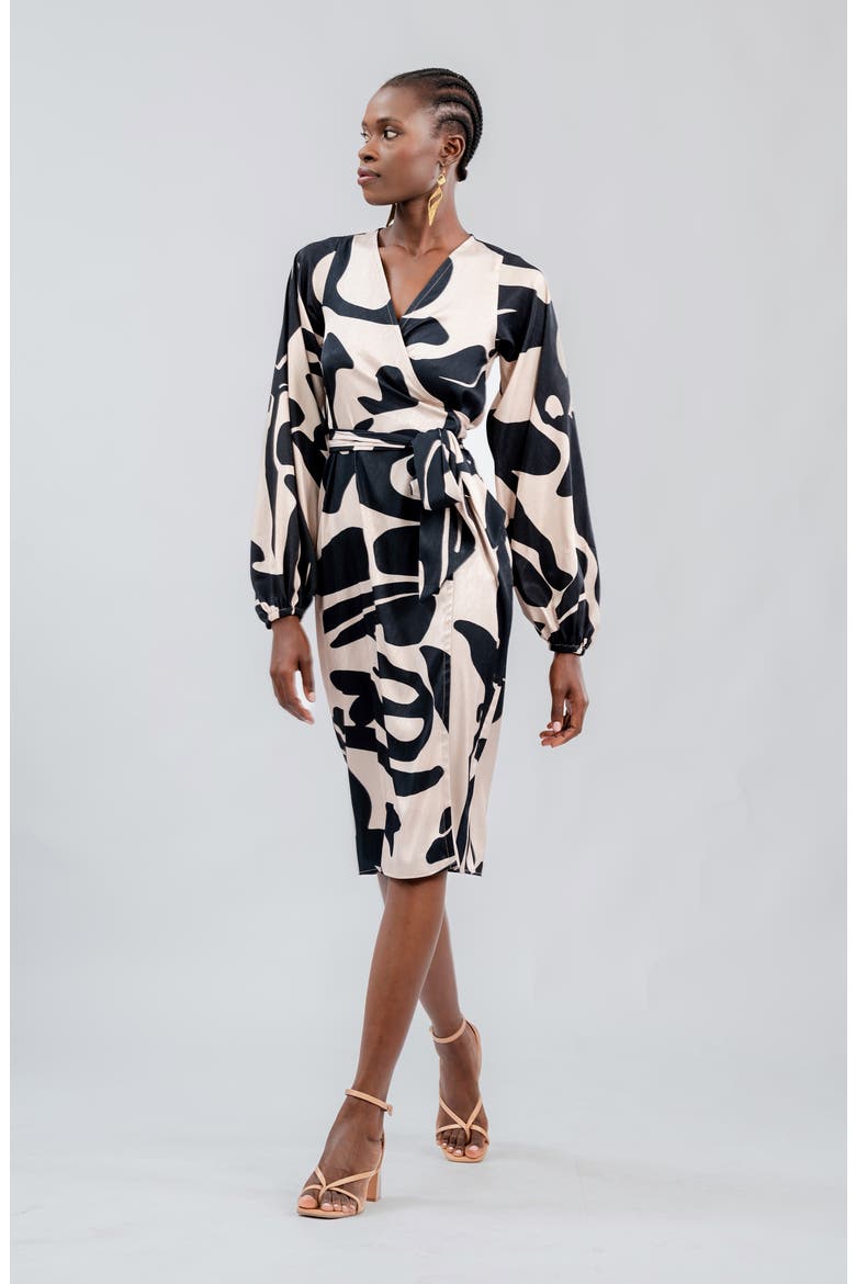 Lala Long Sleeve Midi Wrap Dress, Alternate, color, BLACK