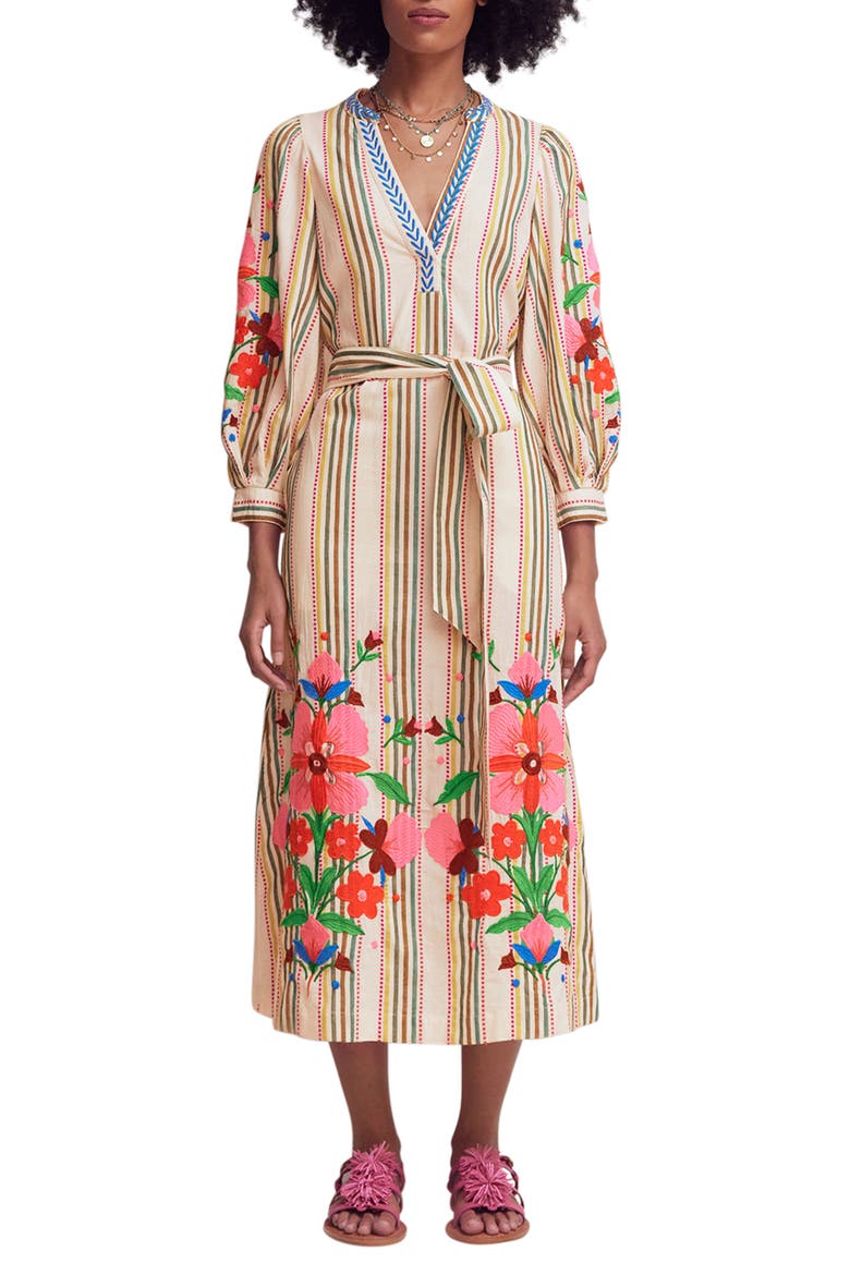 Octavia Cotton Midi Dress, Main, color, MULTI EMBROIDERY STRIPE