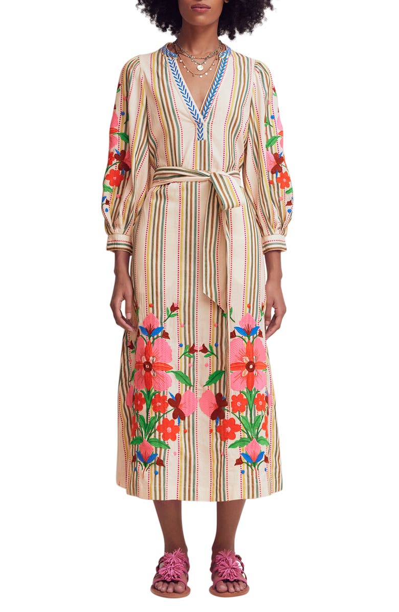 Boden Octavia Cotton Midi Dress, Main, color, Multi Embroidery Stripe