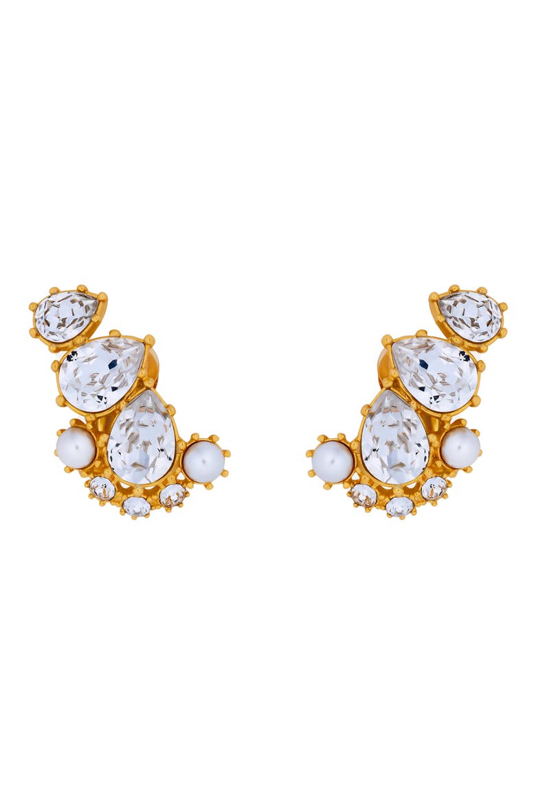 Crystal & Faux Pearl Clip-On Ear Crawler Earrings, Main, color, PEARL