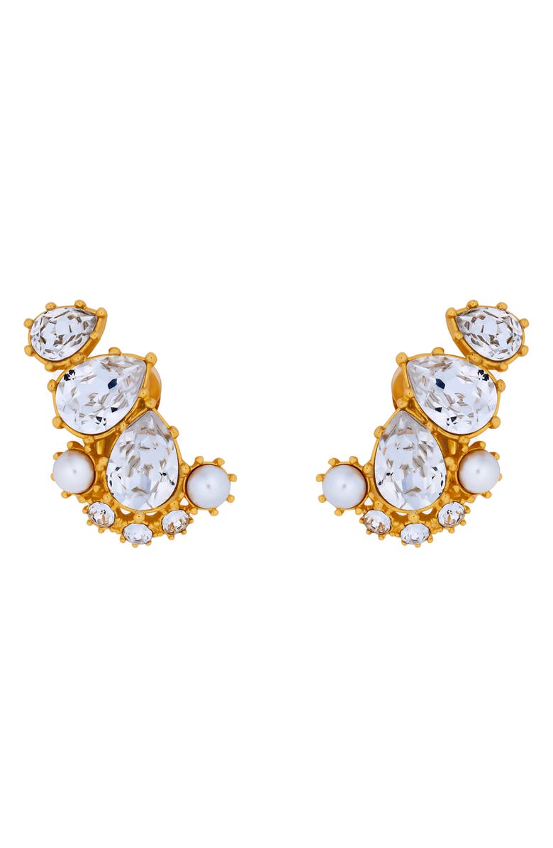Oscar de la Renta Crystal & Faux Pearl Clip-On Ear Crawler Earrings, Main, color, Pearl