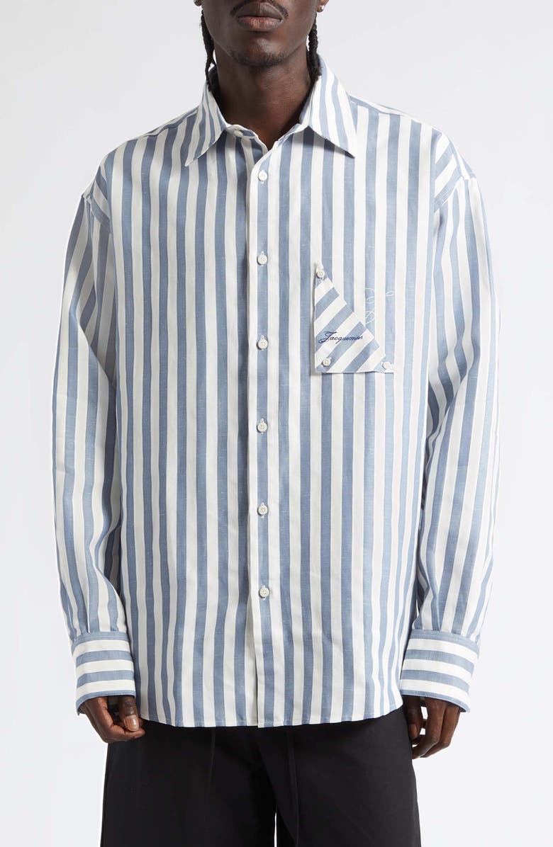 Jacquemus La Chemise Voilier Stripe Cotton & Linen Button-Up Shirt, Main, color, Jacquard Stripes Blue