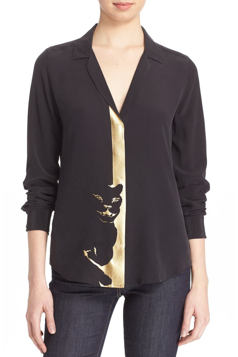 'Adalyn' Panther Graphic Silk Shirt, Main, color, TRUE BLACK