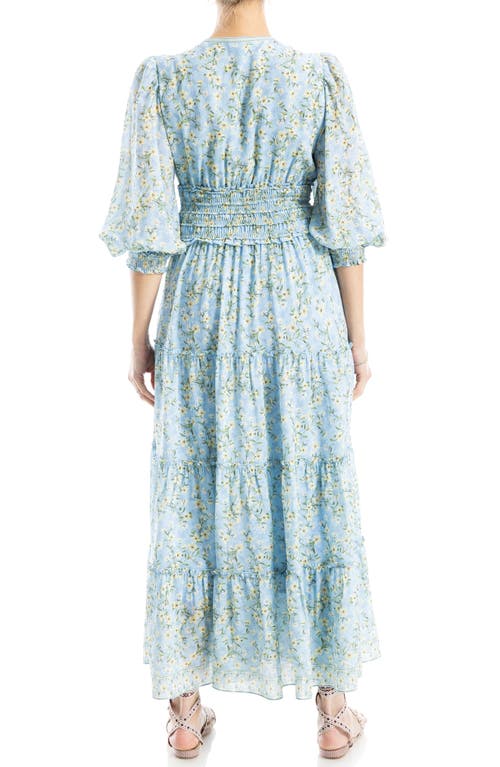 Max Studio Floral Balloon Sleeve Tiered Maxi Dress In Blue Tossed Meadow