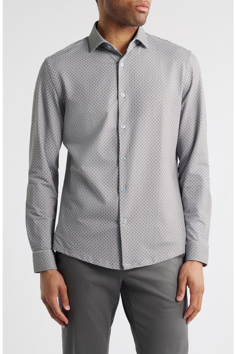Trim Fit Techno Stretch Diamond Geo Print Performance Button-Up Shirt, Main, color, TAUPE