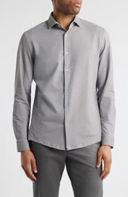 Stone Rose Trim Fit Techno Stretch Diamond Geo Print Performance Button-Up Shirt