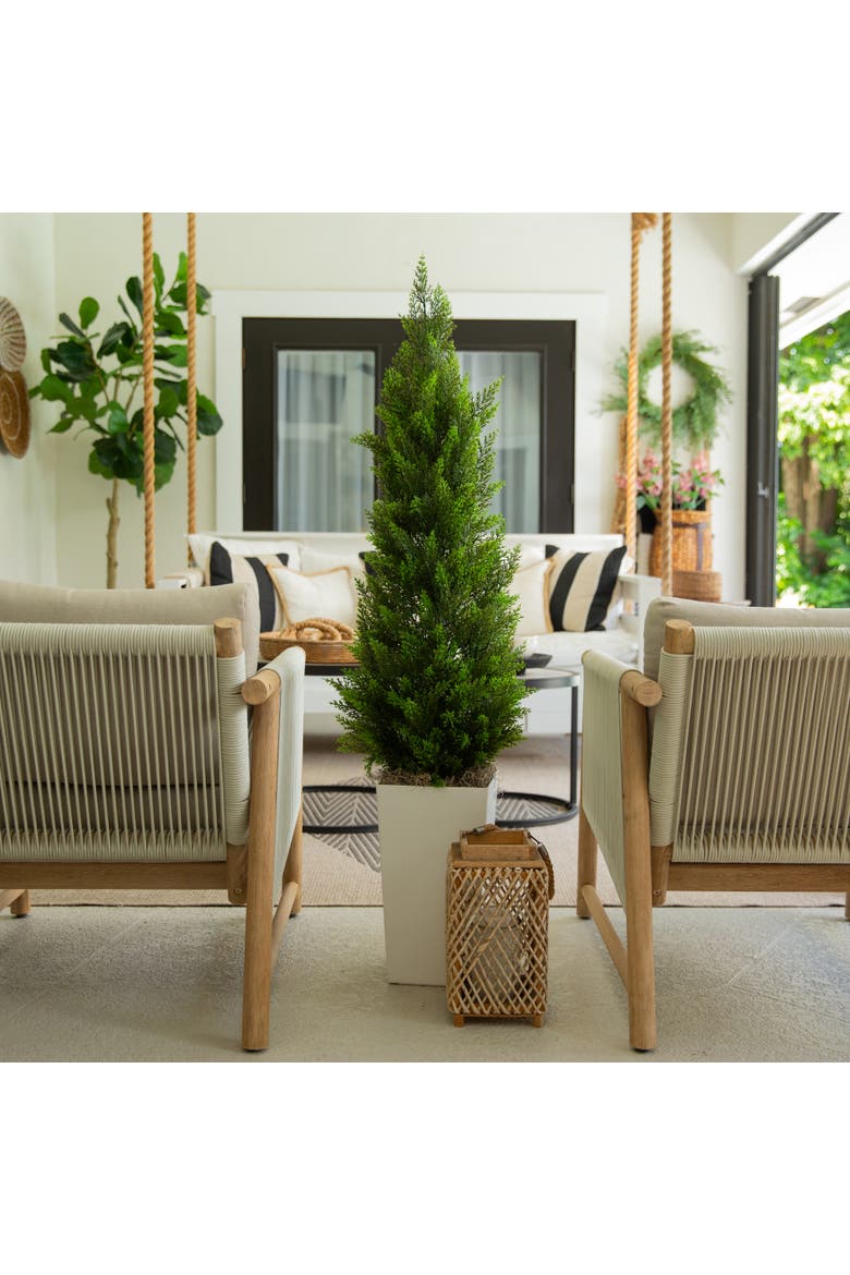 4-ft UV Resistant Artificial Cedar Tree in White Tower Planter, Alternate, color, Green