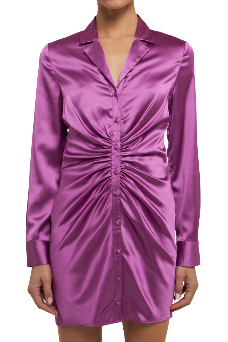 Ruched Long Sleeve Satin Shirtdress, Alternate, color, GRAPE
