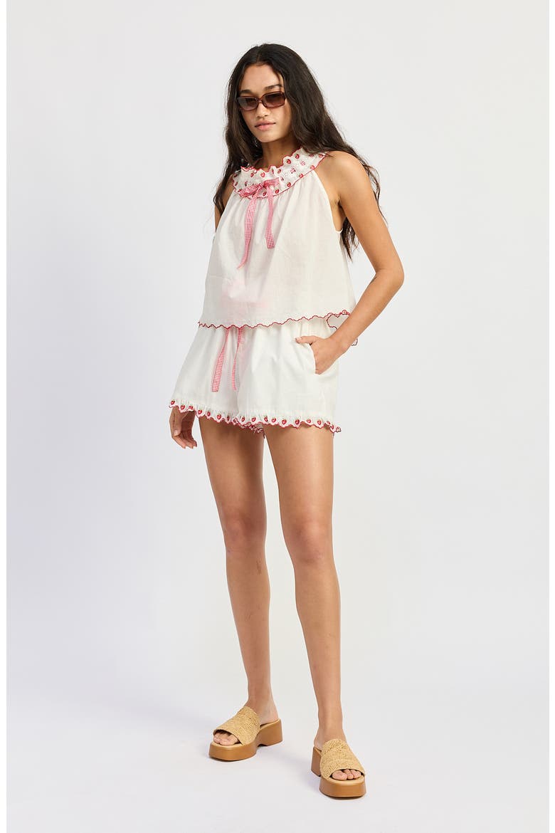 Bonnie Embroidered Trim Cotton Drawstring Shorts, Alternate, color, WHITE RED