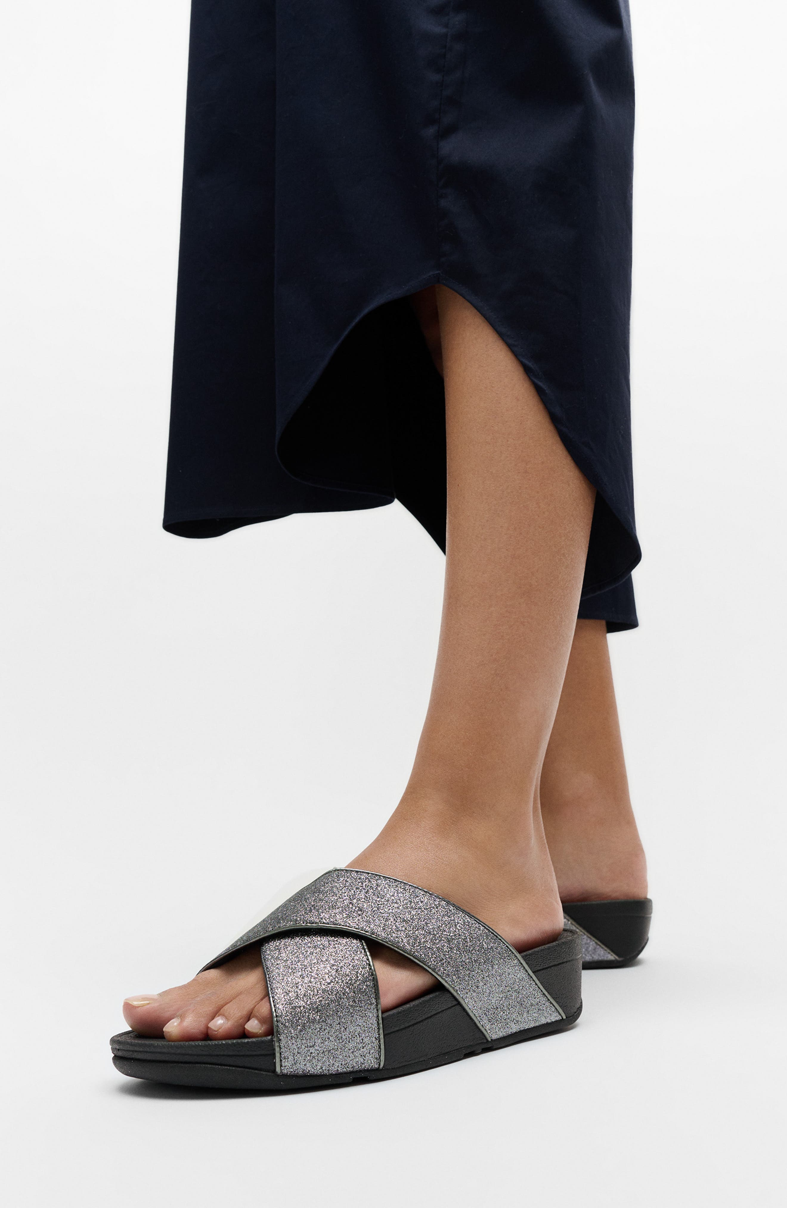 FitFlop Lulu Glitterdust Platform Wedge Slide Sandal, Alternate, color, Pewter