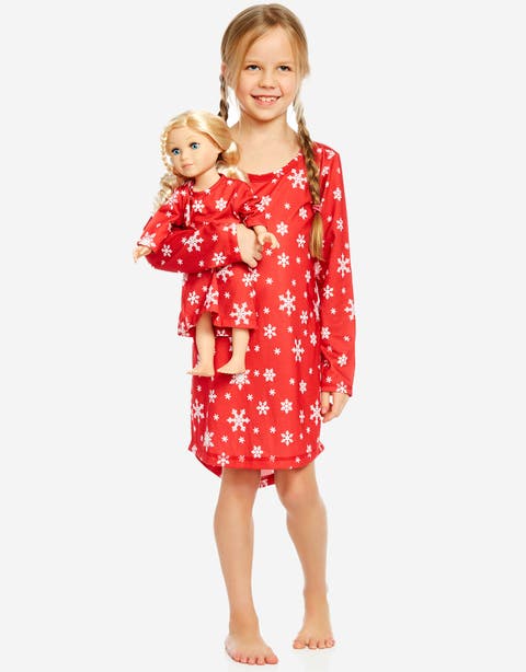 Girls Long Sleeve Nightgown with Matching Doll Nightgown, Printed Design