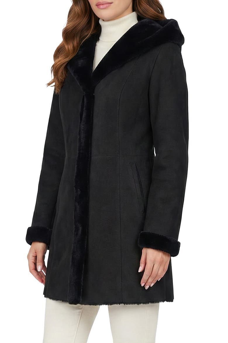Merino Shearling Hooded Coat, Alternate, color, BLACK