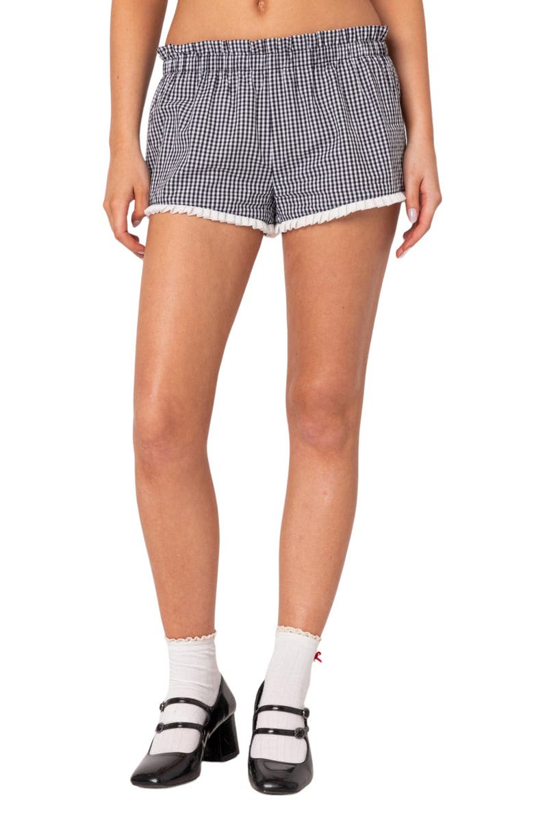 EDIKTED Kyra Gingham Shorts, Main, color, Black-And-White