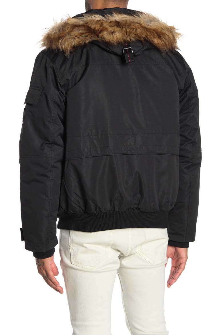 Faux Fur Hooded Bomber Jacket, Alternate, color, BLACK