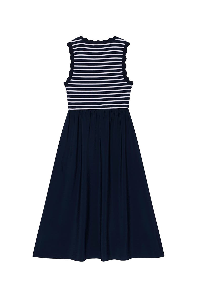 Striped Scallop Trim Midi Dress, Alternate, color, Navy