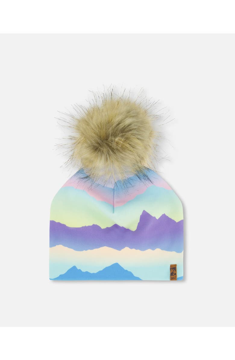 Deux par Deux Baby Girl's Printed Jersey Detachable Pompom Hat Mauve And Blue, Pink Mountain, Main, color, 