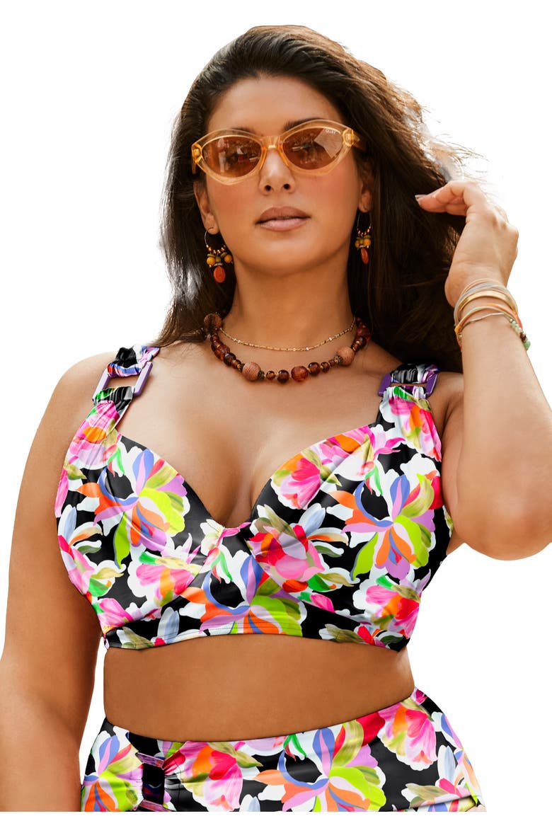 Bra Sized Ring Strap Bikini Top, Main, color, Black Watercolor Floral