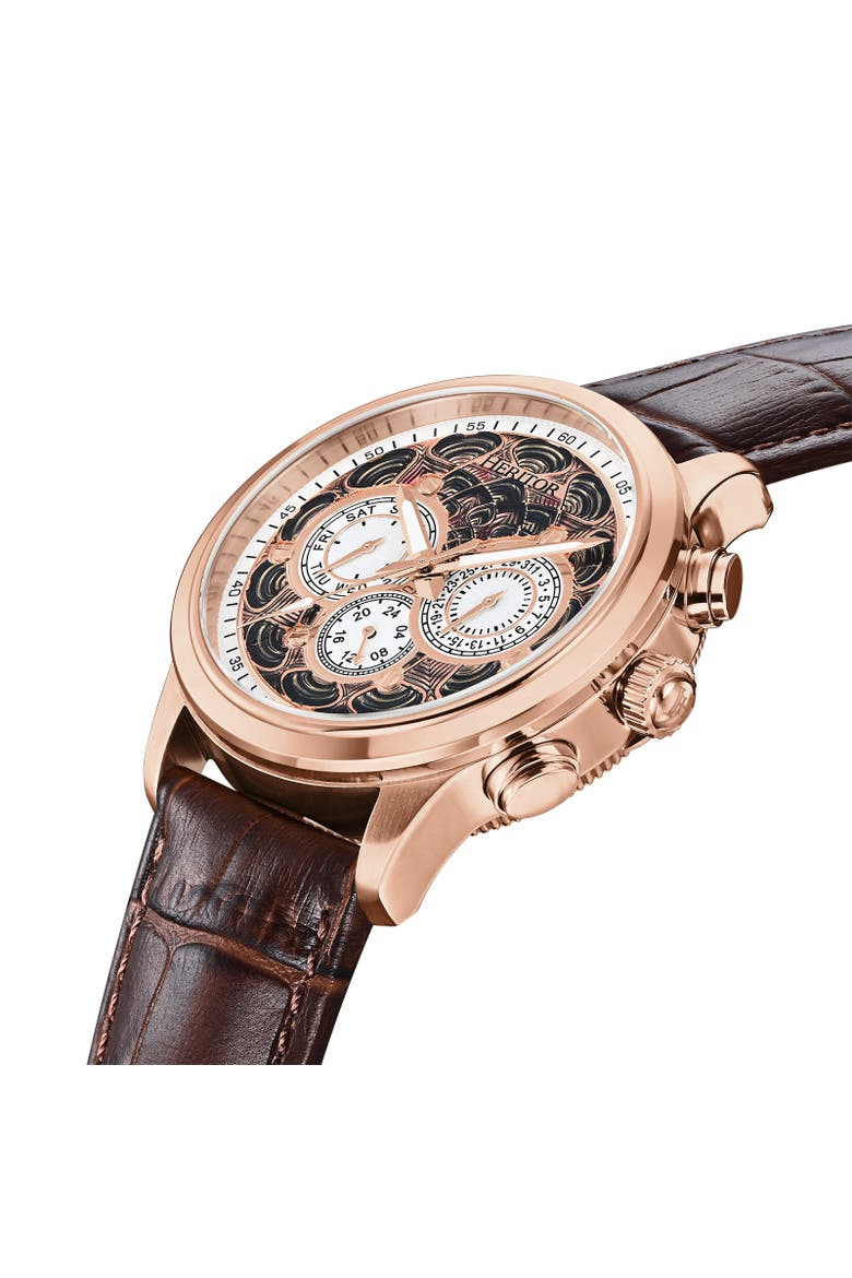 Apostle Leather-Band Watch w/ Day/Date, Alternate, color, Rose Gold/White