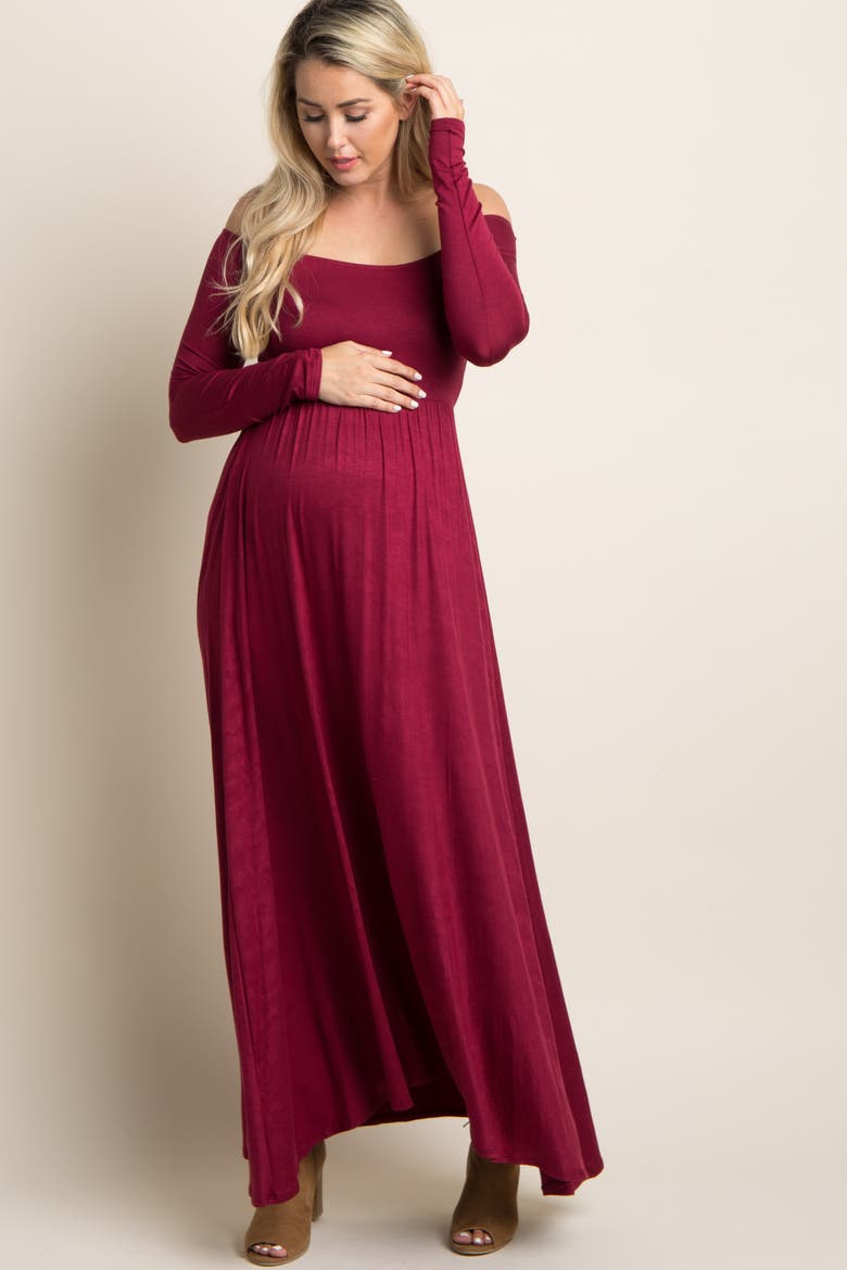 Solid Off Shoulder Maternity Maxi Dress, Main, color, Burgundy