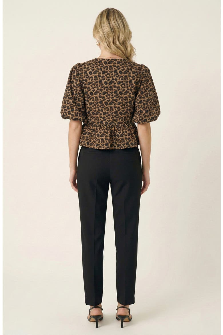 Peplum Top With Front Tie Closures And Short Puff Sleeves, Alternate, color, Leopard Print