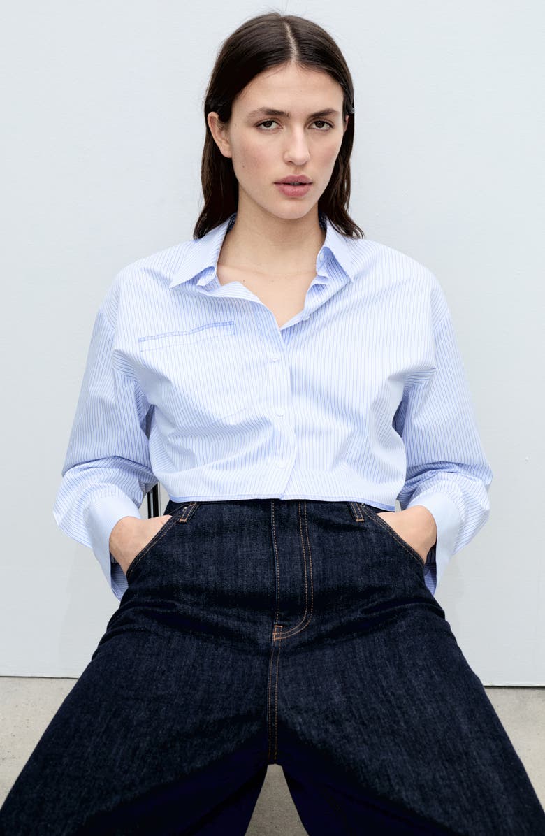 MANGO Stripe Long Sleeve Crop Poplin Button-Up Shirt, Alternate, color,