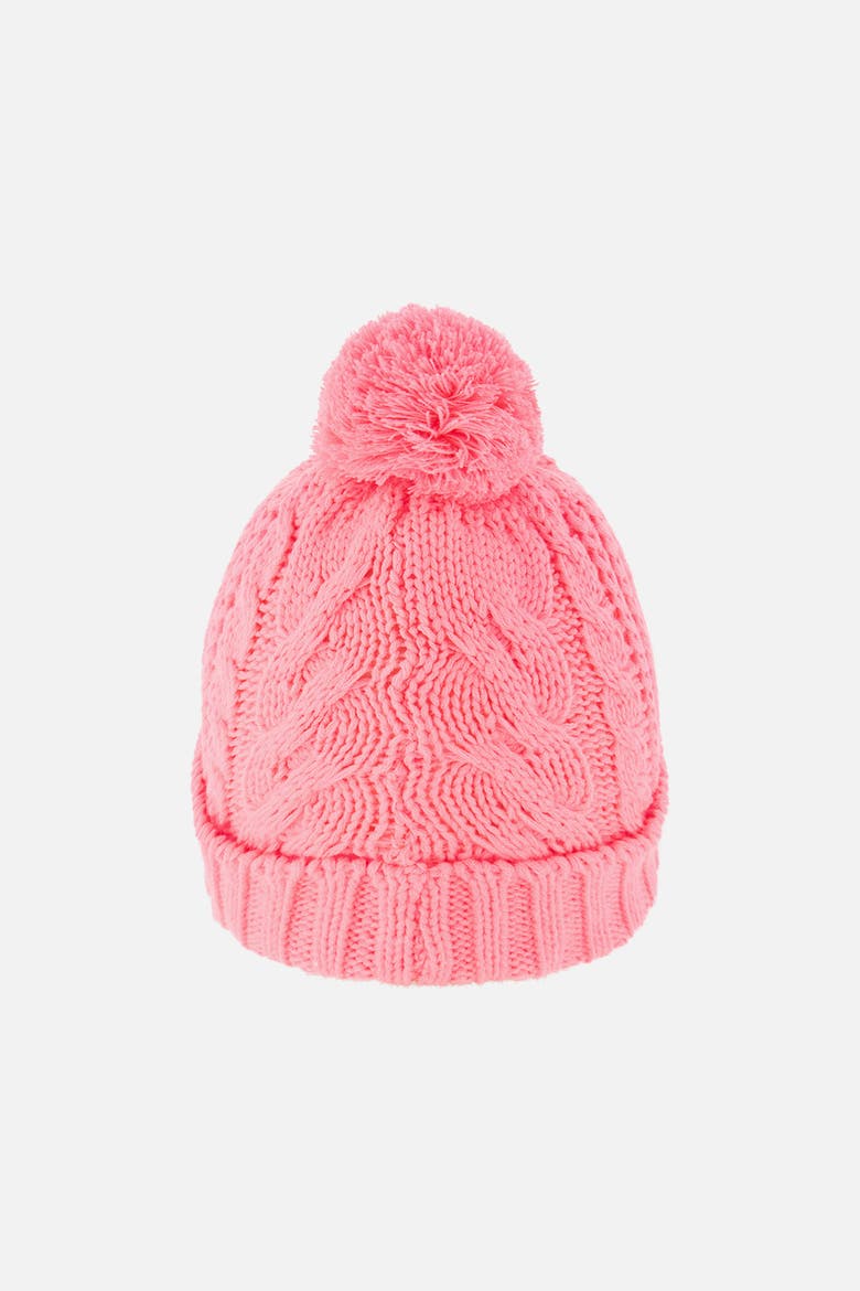 Winter Cable Pattern Fleece-Lined Pompom Knit Hat, Alternate, color, Neon Coral