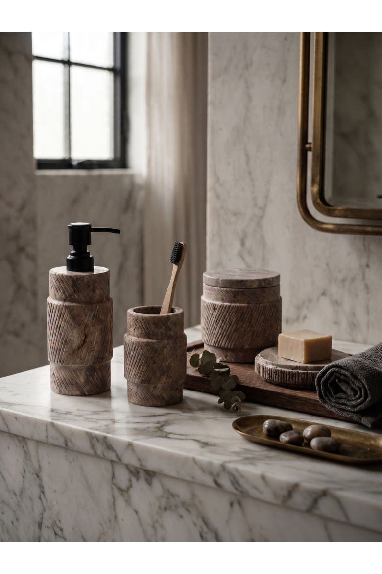 Tallinn Gray Travertine Bath Accessories, Set of 4, Alternate, color, Brown