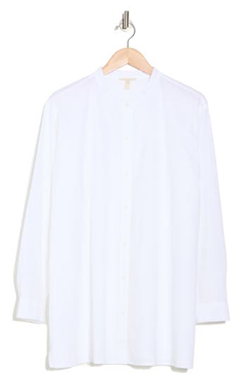 Eileen Fisher Mandarin Collar Organic Cotton Button-up Shirt In White