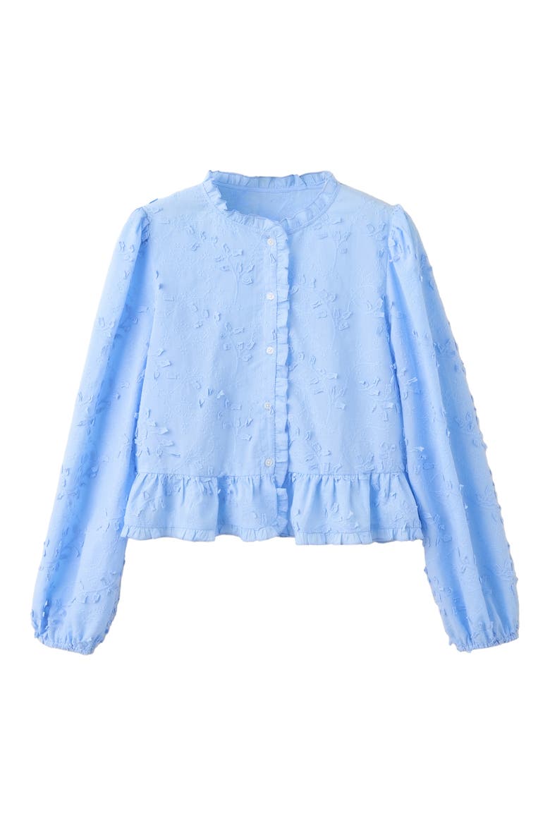 Embroidered Ruffle Peplum Cotton Button-Up Top, Main, color, BLUE