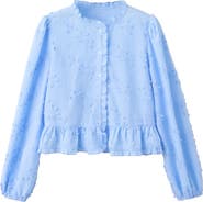 MANGO Embroidered Ruffle Peplum Cotton Button-Up Top