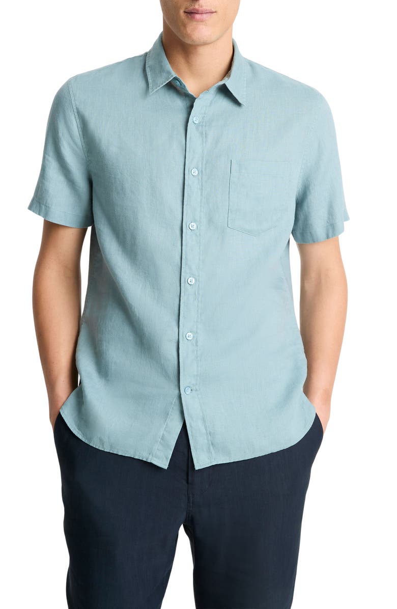Vince Classic Fit Short Sleeve Linen Shirt, Main, color, Lagoon