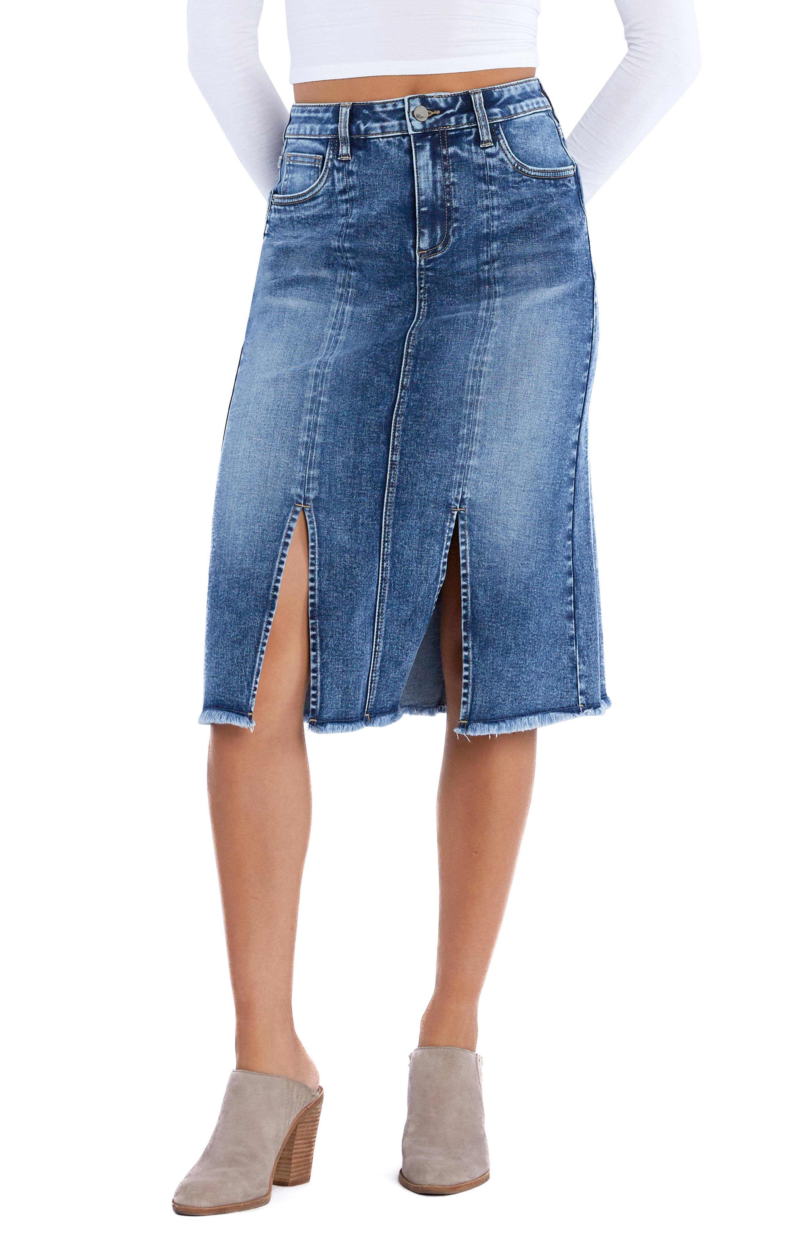 Double Front Slit Denim Midi Skirt