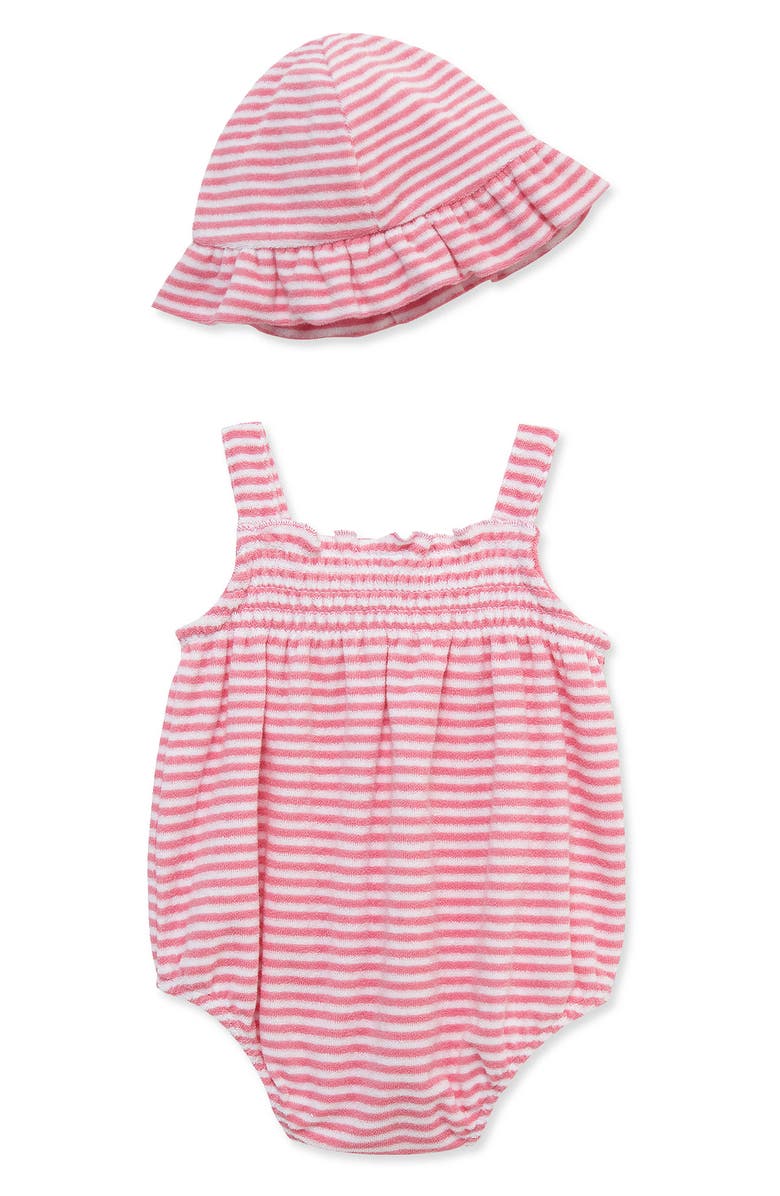 Little Me Stripe Terry Bubble Romper & Sun Hat Set, Alternate, color, Pink