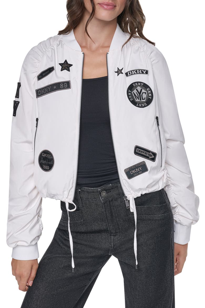 Ruched Pins & Patches Bomber Jacket, Main, color, IVORY