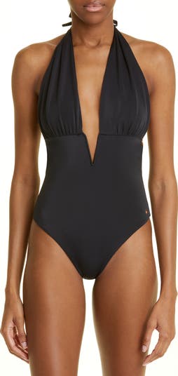 TOM FORD Plunge Halter Neck Glossy Jersey One-Piece Swimsuit