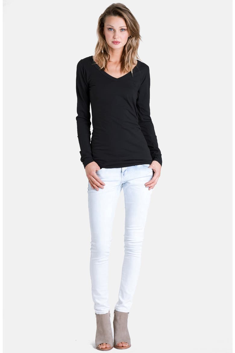 Long V-Neck Cotton Tee, Alternate, color, BLACK