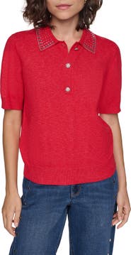 KARL LAGERFELD PARIS Crystal Embellished Collared Sweater