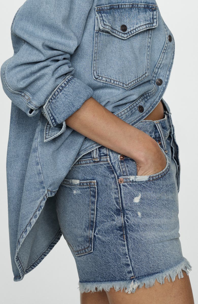 MANGO Frayed High Waist Denim Shorts, Alternate, color, Medium Blue