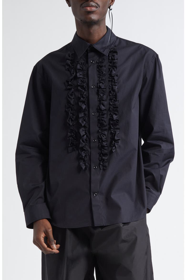 Ruffle Bib Prom Cotton Button-Up Shirt, Main, color, BLACK