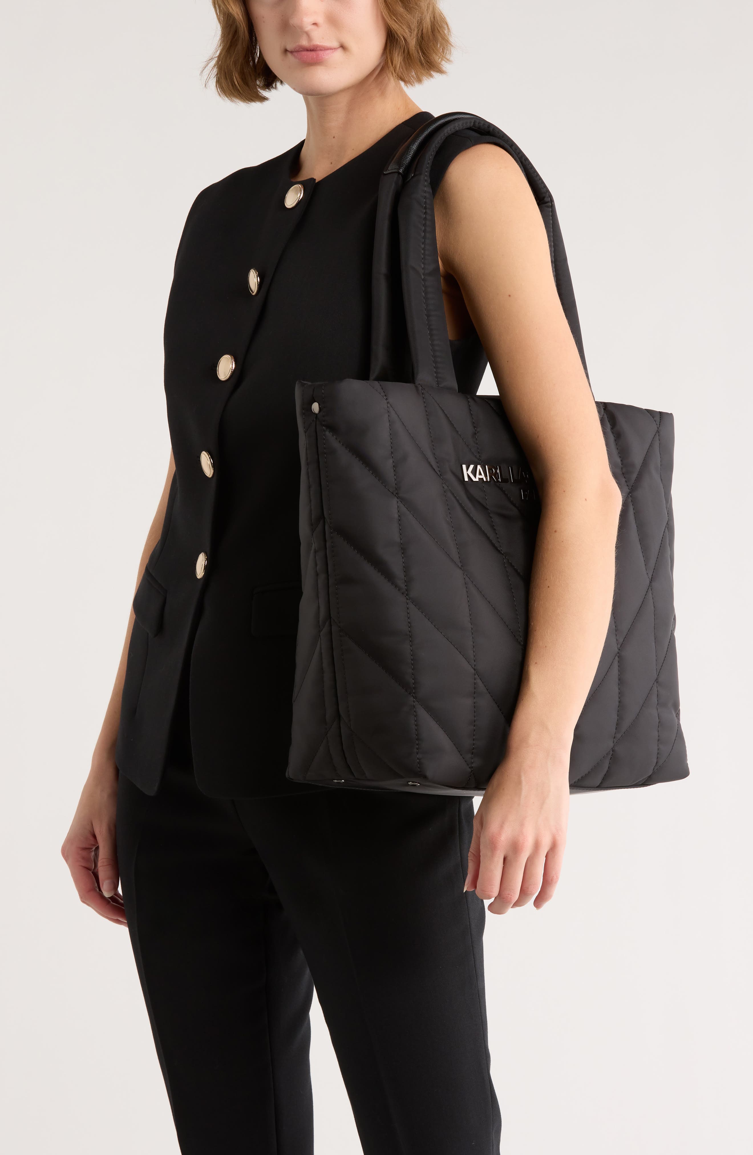 KARL LAGERFELD PARIS Voyage Quilted Nylon Tote Bag, Alternate, color, Black/ Gunmetal