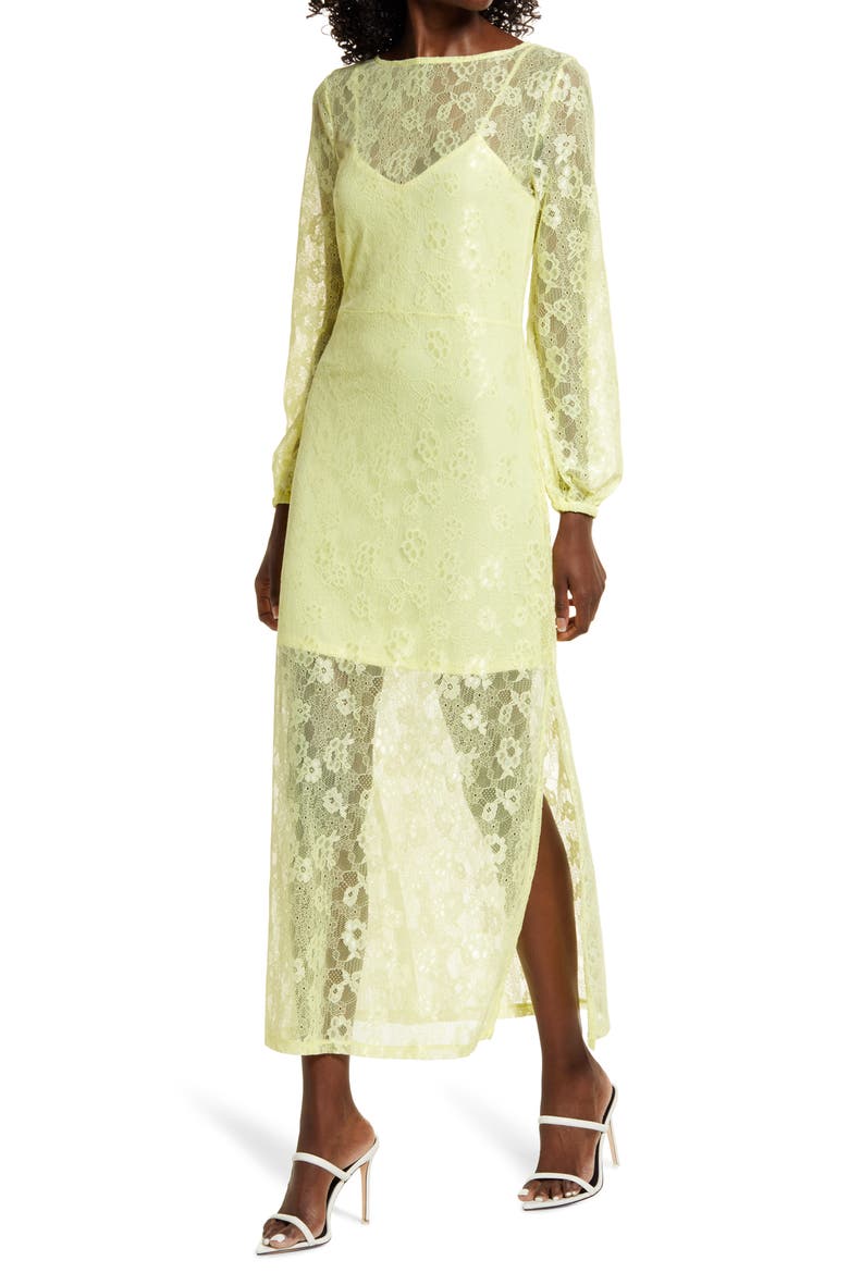 Sheer Lace Long Sleeve Maxi Dress, Main, color, YELLOW ELFIN