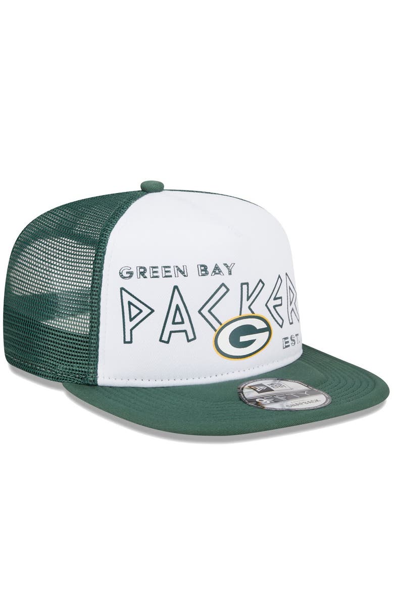 New Era Men's New Era White/Green Green Bay Packers Banger 9FIFTY Trucker Snapback Hat, Alternate, color, 
