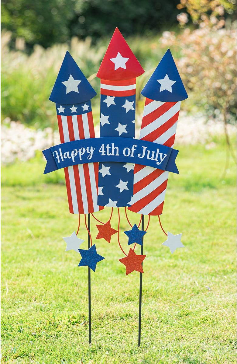 Glitzhome Patriotic Americana Firecracker Yard Stake or Wall Decor, Alternate, color, 