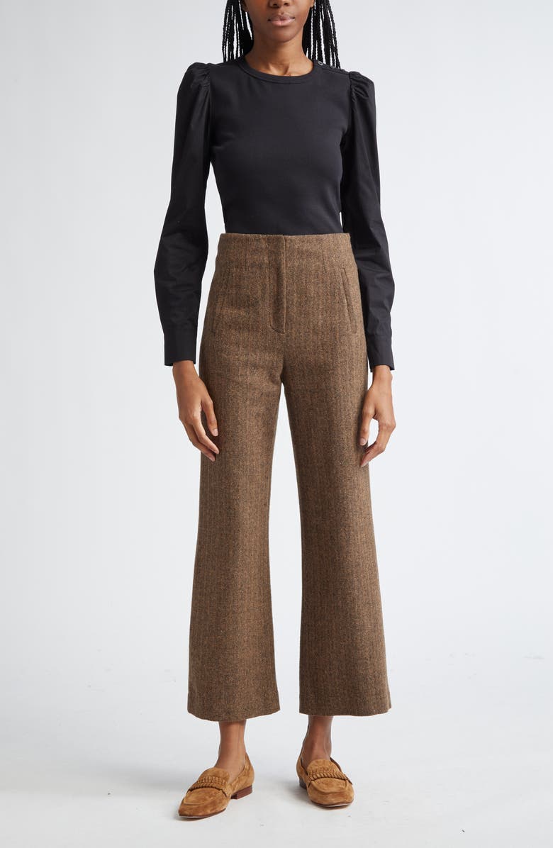 Veronica Beard Dova Tweed Herringbone Crop Wide Leg Pants, Alternate, color, Camel/ Black
