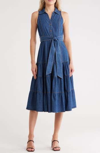 Sleeveless Button Front Tiered Denim Dress