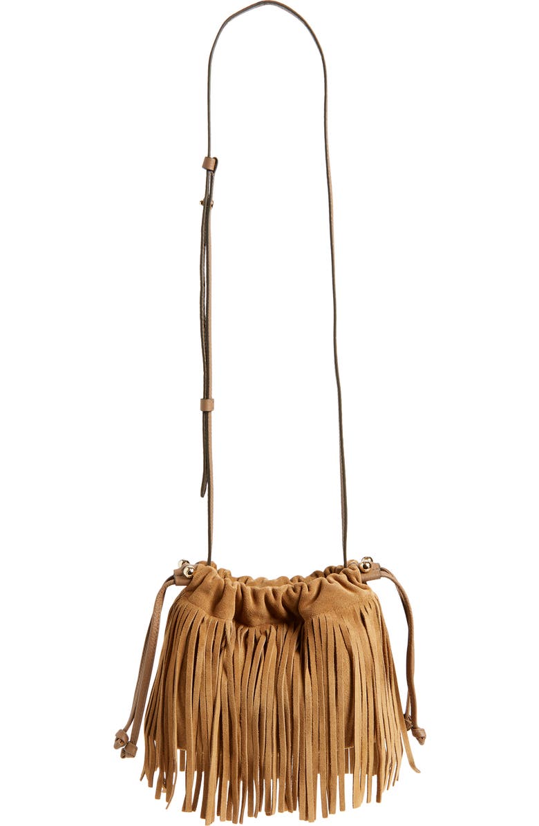 Strathberry x Cinq à Sept Drawstring Fringe Suede Crossbody Bag, Main, color,