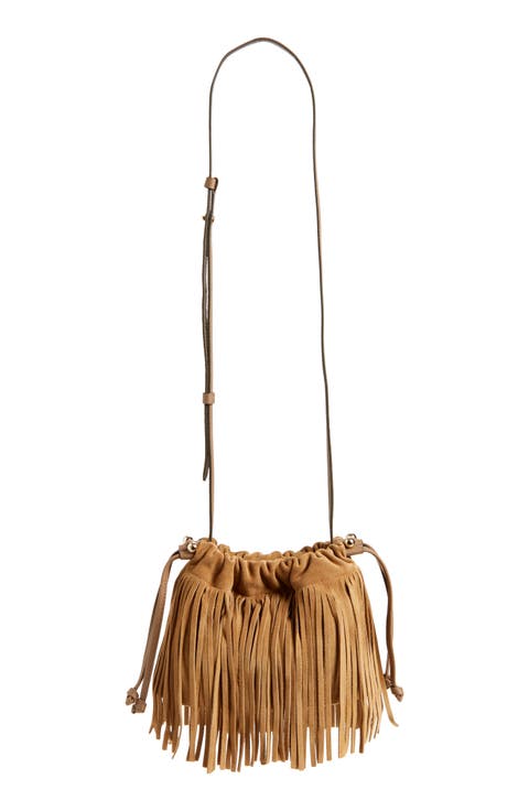x Cinq à Sept Drawstring Fringe Suede Crossbody Bag
