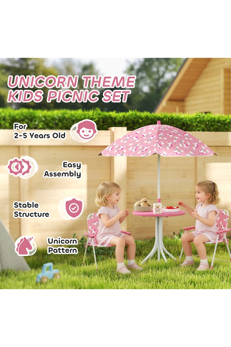 Kids Outdoor Picnic Table with Folding Chairs and Umbrella, Alternate, color, Pink