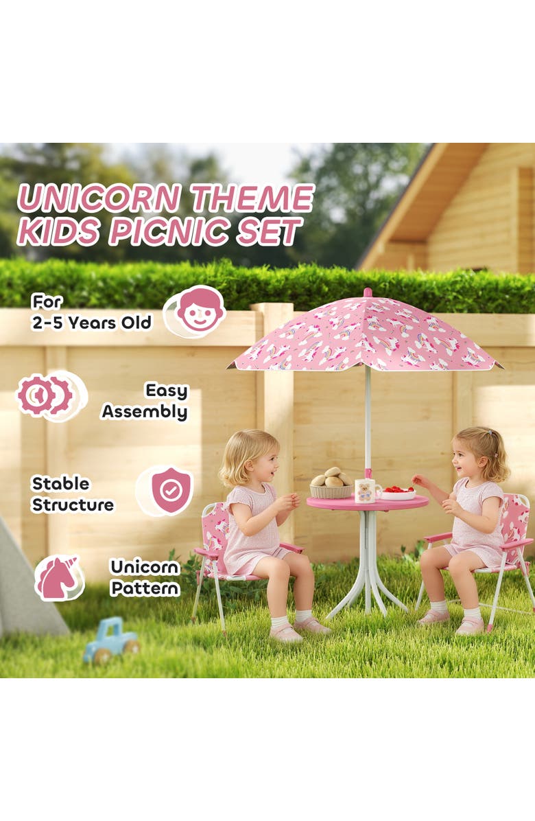 Qaba Kids Outdoor Picnic Table with Folding Chairs and Umbrella, Alternate, color, Pink